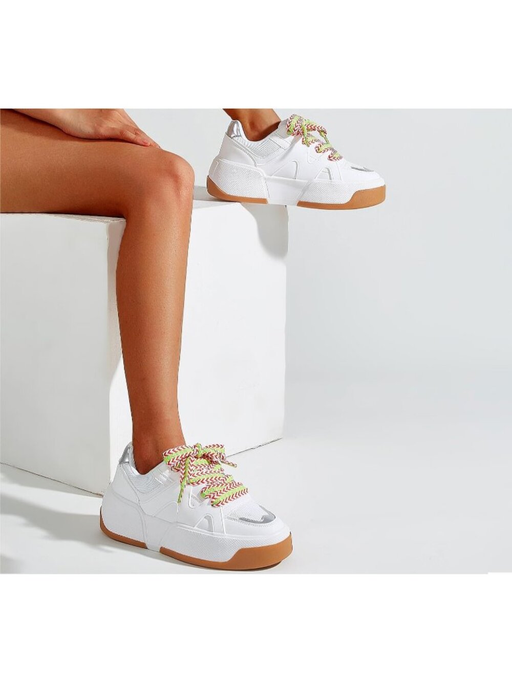 Women’s All White Thick Sole Lace Up Casual Comfortable Fashion Walking Sneakers - Picture 3 of 6